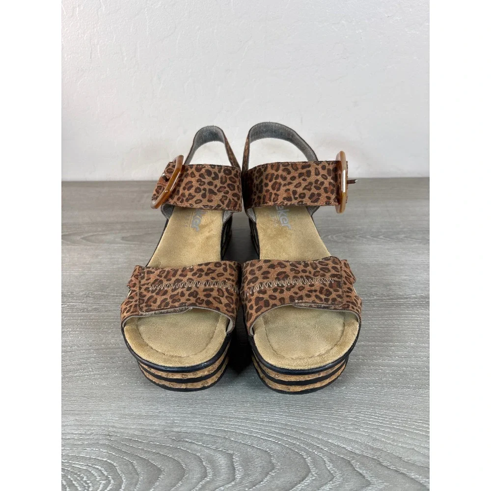 Rieker Antistress Leopard Print Wedge‎ Platform Sandals Buckle Brown Womens 40